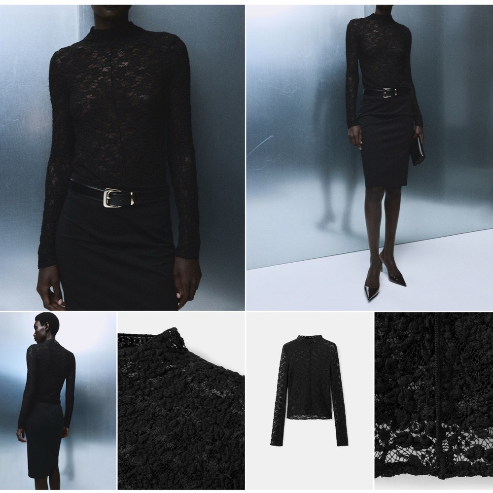 MANGO Elegant Black Lace Top LACE TOP WITH PERKINS COLLAR-size small-NEW W TAGS